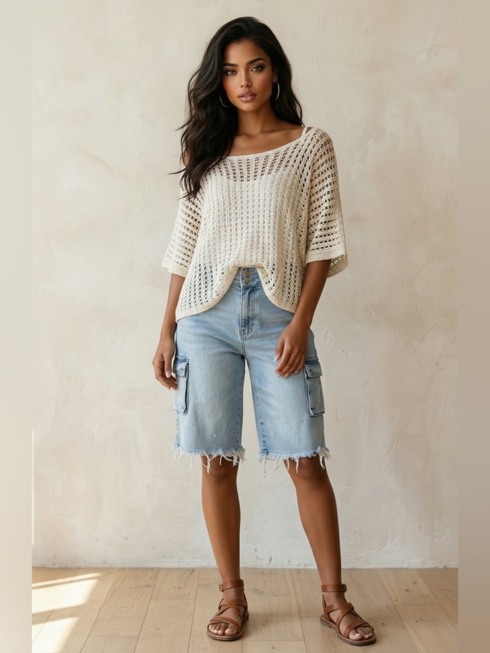 🌟B600. Stylish Light Blue Denim Cargo Bermuda Shorts
